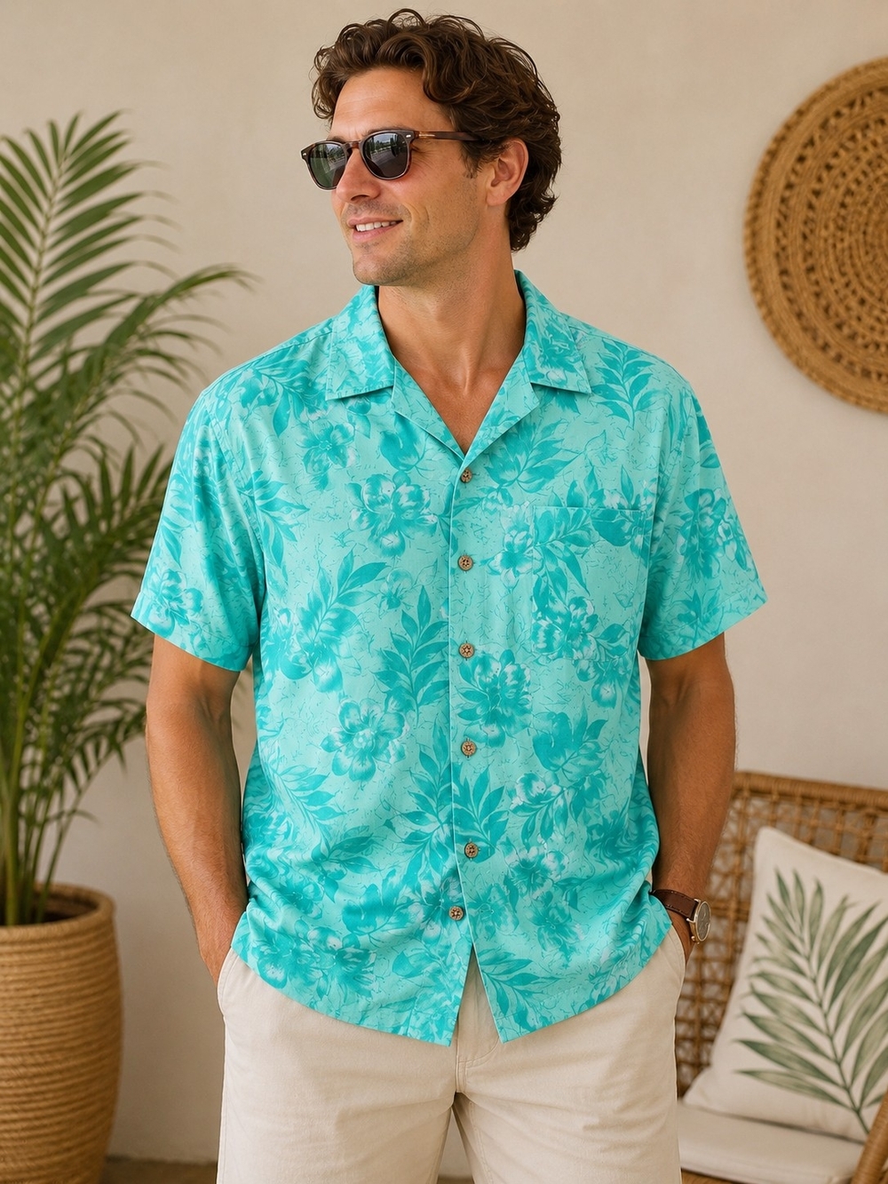 Caribbean Joe Men's Floral Camp Shirt - Aqua Teal Large